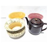 VINTAGE POTTERY- TEA POT AND 3 OTHER ITEMS