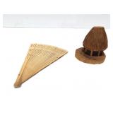 HAND CARVED- WOODEN HUT- AND VINT5HAND FAN