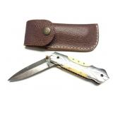 ORNATE FOLDING KNIFE WITH LEATHER SHEATH