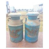 2- MILK CANS- PAINTED BLUE WITH EAGLE STICKERS