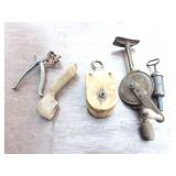 VINTAGE ITEMS-HOE HEAD- BRACE- WOODEN PULLEY- AND