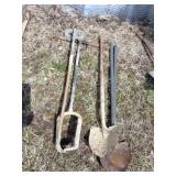 3 SPADE SHOVELS-LARGE HOE AND POST HOLE DIGGER