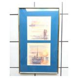WATERCOLOR- FRAMED- OCEAN AND SAILBOATS-