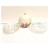 HAND SIGNED POTTERY AND 2 GLASS CANY DISHES