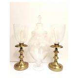 2 LARGE CANDLESTICK HOLDERS WITH GLASS ANS LARGE