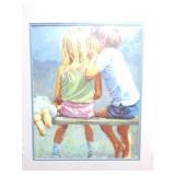 WATERCOLOR- TWO KIDS IN BENCH- SECRETS- FRAMED-