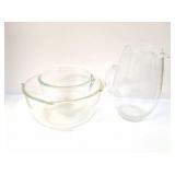 2 HEAVY GLASS MIXING BOWLS AND GLASS PITCHER