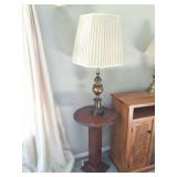 BRASS LAMP ON WOODEN PEDASTOOL TABLE
