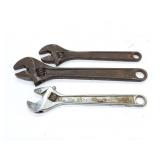 2- CRESENT AND ONE WRIGHT ADJUSTABLE WRENCHES