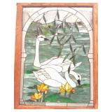 STAINED GLASS- SWANS- WOOD FRAMED- APPROXIMATELY