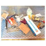 BOX LOT- TOOLS- SCOPES- HARDWARE- AND MUCH MORE-