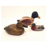 2 WOODEN DUCKS AND A STUFFED DUCK