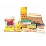 VINTAGE AMMO AND BOX LOT- MOSTLY EYMPTY BRASS -
