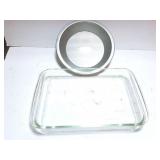 PYREX GLASS CAKE DISH AND 2 USA PIE PANS