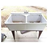 TWO BASIN HEAVY PORCELAIN SINK ON METAL STAND-