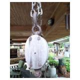 VINTAGE WOODEN PULLY WITH SMALL CHAIN