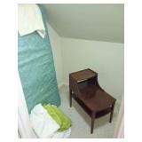 VINTAGE 3 STORY END TABLE- BEDDING - CLOSET