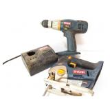 RYOBI 18 VOLT DRILL- SABRE SAW- CAHEGER - NO