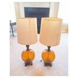 2 - VINTAGE AMBER LAMPS- WITH SHADES- VERY NICE-
