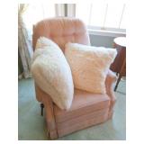 PINK RECLINER CHAIR WITH 2 LARGE WHITE FLUFFY