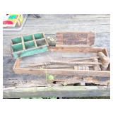 VINTAGE CROQUET CLUBS AND STENCILED WOODEN BOXES
