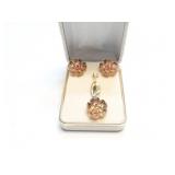 PENDANT + EAR RING SET. 14K GOLD, RUBY, GOLD