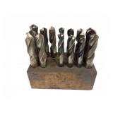 LARGE DRILL BIT- CUTTERS LOT- IN WOODEN BLOCK
