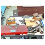 RED METAL TOOL BOX- CUTTERS-LARGE SET SCREWS AND