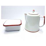 ENAMEL WARE PAN WITH LID AND PITCHER