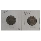 1874 & 1875 Shield Nickels