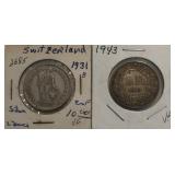 1931 B & 1943 Switzerland 2 Francs