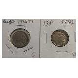 1913 -P Type 1 & 2 Buffalo Nickels