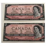 (2) UNC Canadian 1954 $2 Bills