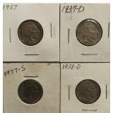 (4) Buffalo Nickels