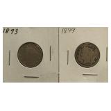 1893 & 1899 Liberty Head ï¿½Vï¿½ Nickels