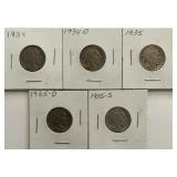 (5) Buffalo Nickels