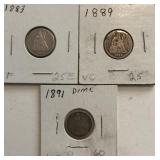 (3) Seated Liberty Dimes