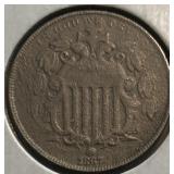 1867 Shield Nickel w/o Rays
