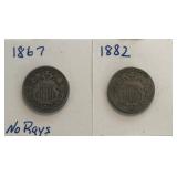 1867 & 1882 Shield Nickels