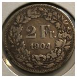 1904 Swiss 2 Francï¿½s Silver Coin