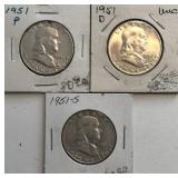 1951-P/D/S Franklin Half Dollars