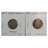 1873 & 1874 Nickel Three Cent Pieces