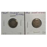 1865 & 1866 Nickel Three Cent Pieces
