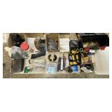 BOX MISC ESTATE ITEMS- CHAINS, TENT STAKES- MORE