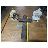 VTG. CERAMIC CLOCK, VTG. MUSIC BOX, & CROSS