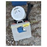 TOTE W / COIL ROOFING  NAILER  & FISHING REELS