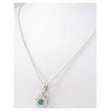 14K White Gold Emerald, Diamond Pendant, Chain