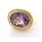 18K Yellow Gold Amethyst and Diamond Ring