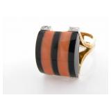 14K Yellow Gold Onyx, Coral, Diamond Ring