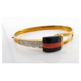 14K YG Onyx, Coral Diamond Bangle Bracelet